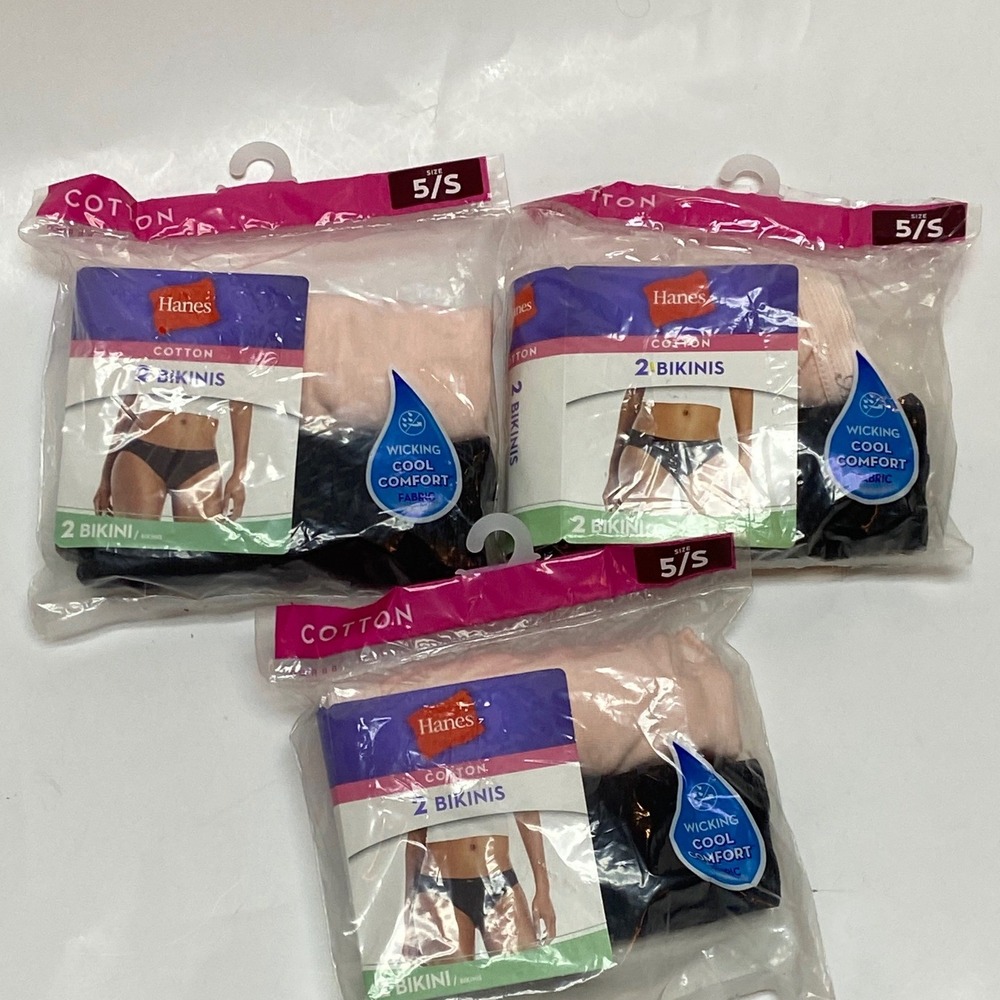 Cotton Bikini Panties Hanes 6 Pack Size 5/S Black Pink Cool Comfort Tagless NWT